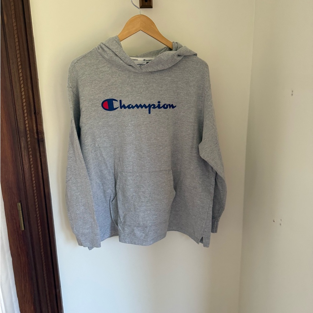 Champion Light Gray Hoodie with Blue & Red Logo